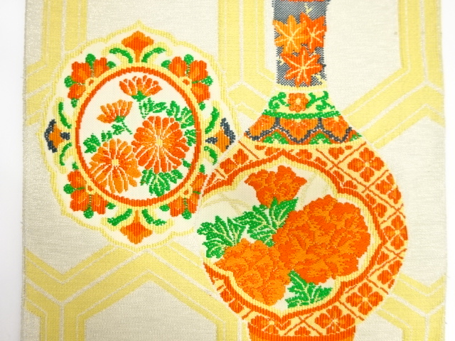 アンティーク　綴れ　壺に絵皿・亀甲模様織り出し名古屋帯